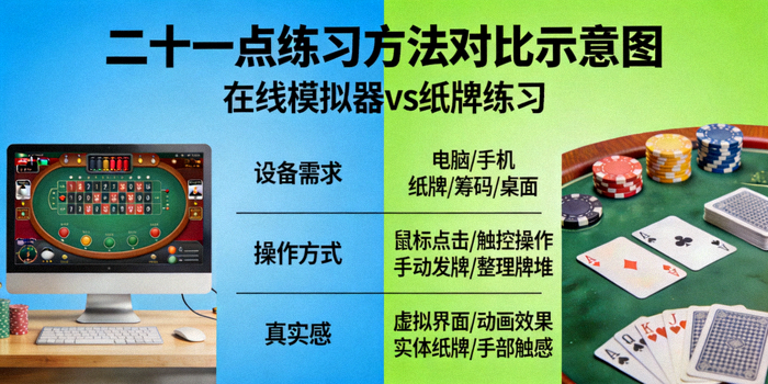 二十一点练习方法示意图：在线模拟器和纸牌练习的对比