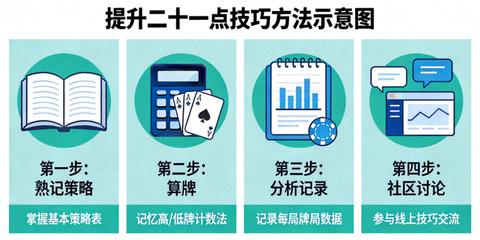 提升二十一点技巧的方法示意图：熟记策略、算牌、分析记录和社区讨论