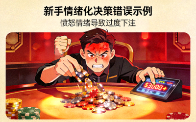新手情绪化决策的错误示例：玩家在愤怒中加大下注